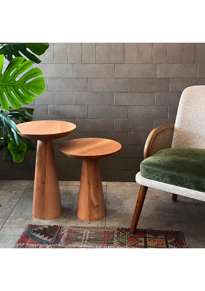 2'li Zigon Mantar Sehpa Mushroom | Masif Ahşap Modern Yan Sehpa Takımı